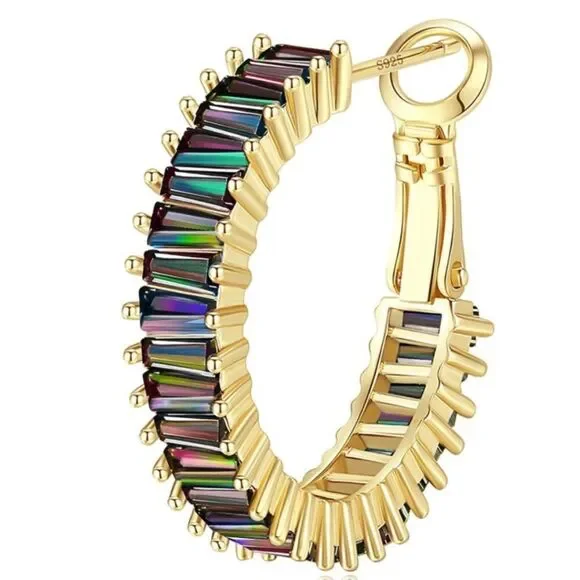 14K Yellow Gold with Rainbow Topaz Cubic Zirconia Drop Hoop Leverback Earrings